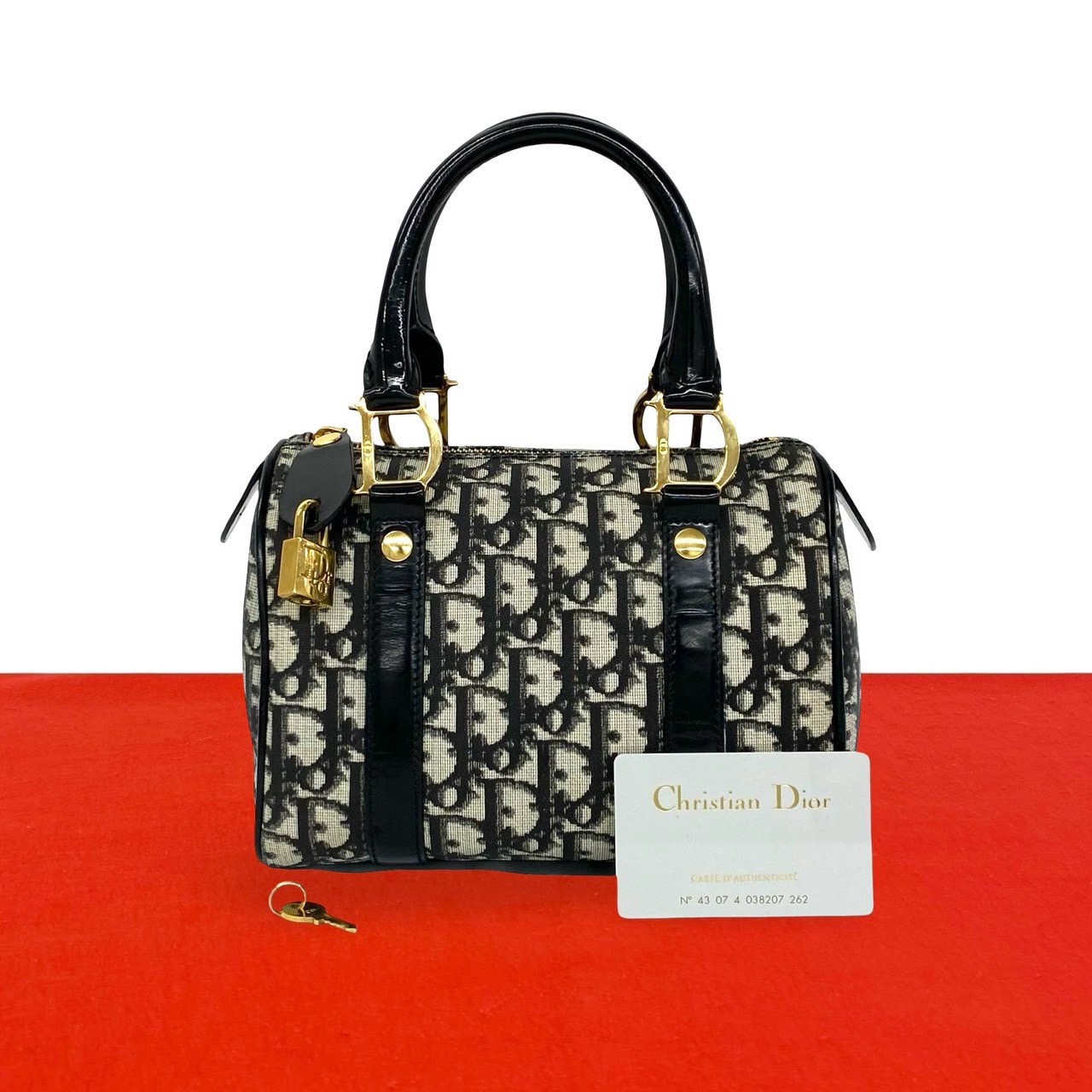 Christian Dior ディオール トロッター 柄 キャンバス レザー ハンドバッグ ブラック
 443-8