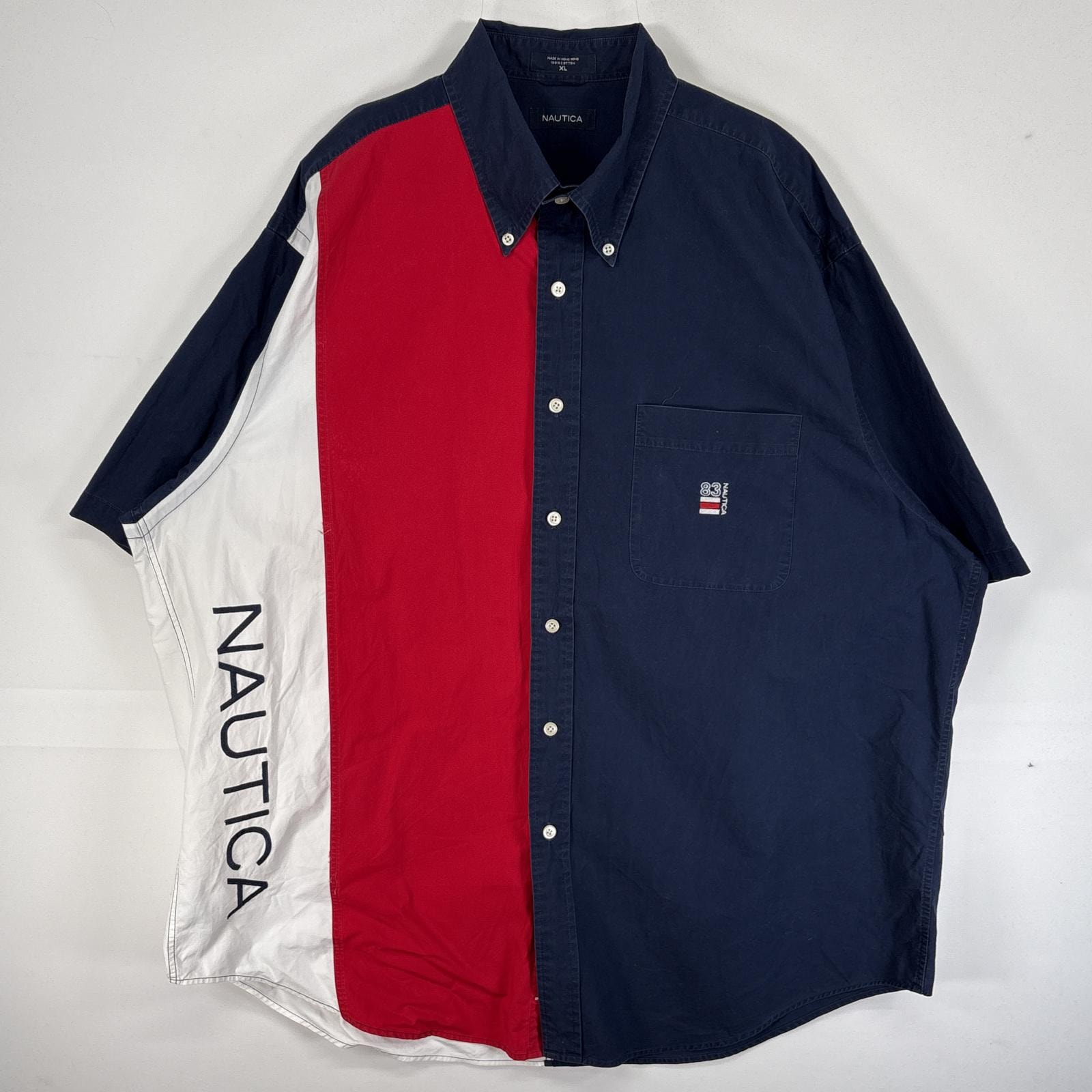 古着 ノーティカ NAUTICA 半袖シャツ ロゴ 刺繍 大きいサイズ ボタンダウン XL  ネイビー マルチカラー メンズ