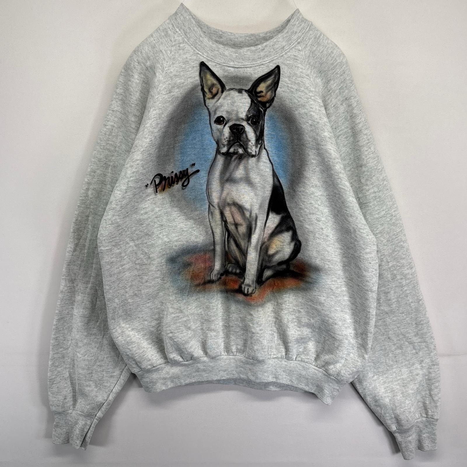 古着 90's/90年代 フルーツオブザルーム FRUIT OF THE LOOM USA製 スウェット ラグラン トレーナー ボストンテリア 犬 L  グレー メンズ