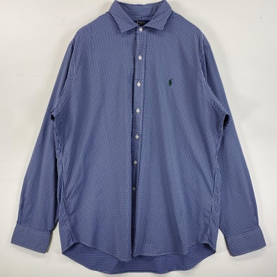 古着 ポロ・ラルフローレン POLO RALPH LAUREN 長袖シャツ ロゴ刺繍 ワンポイント ビックサイズ XL ブルー系 チェック メンズ