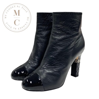 シャネル CHANEL ブーツ ショートブーツ 靴 シューズ レザー パテント ブラック 黒 シルバー ココマーク チェーン