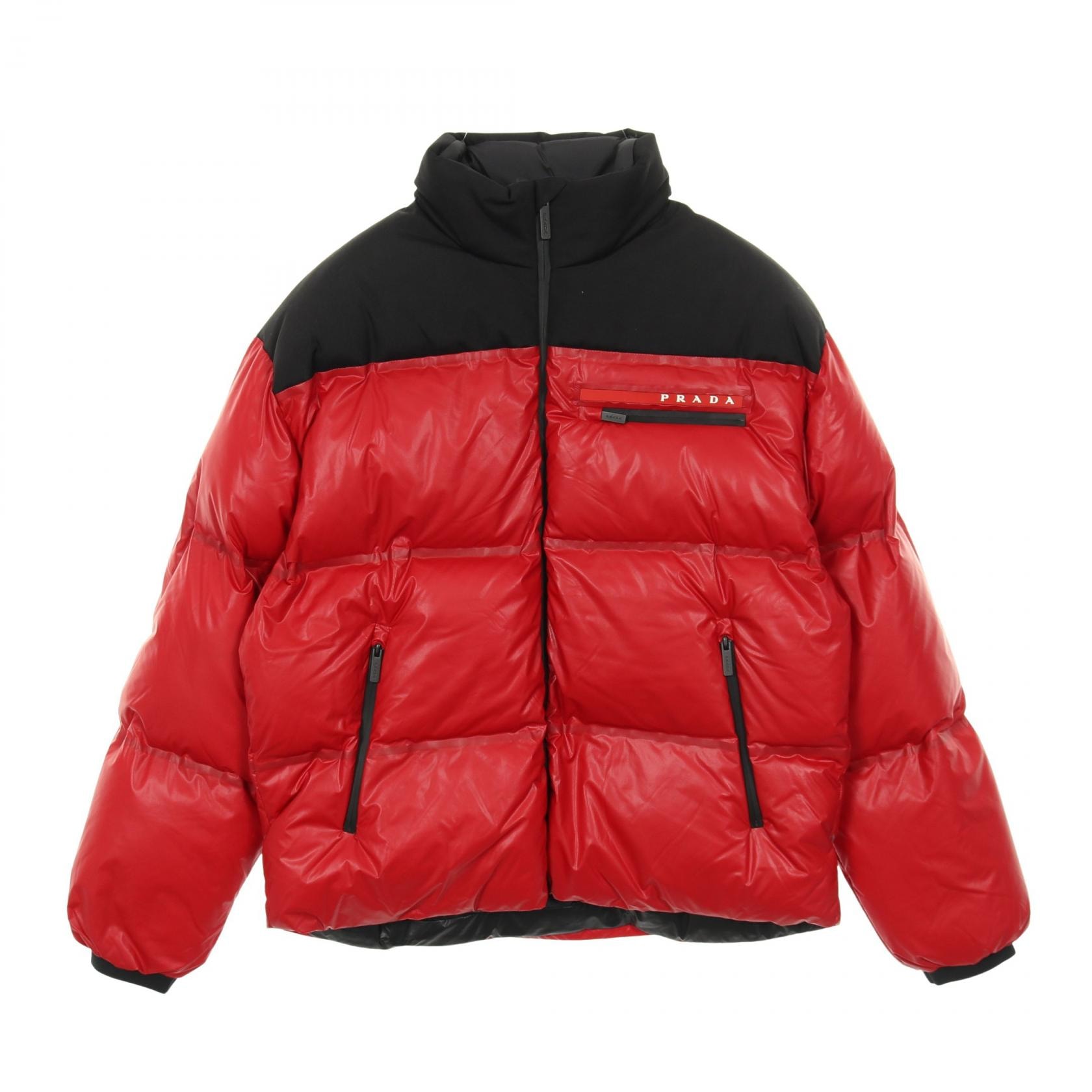 プラダスポーツ リネアロッサ PRADA SPORT LINEA ROSSA ロゴパッチ ダウンジャケット 衣料品 アウター ナイロン メンズ ブラック系 / レッド系 【中古】