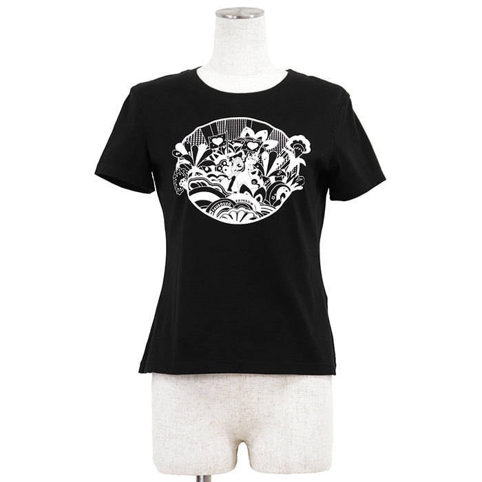 SALE【美品】HERMES エルメス プリントTシャツ Micro Cartouche FAUBOURG RAINBOW マイクロ・カルトゥッシュ フォーブル・レインボー 2022SS コットン100% レディース 36 ブラック ホワイト 黒 白 仏製