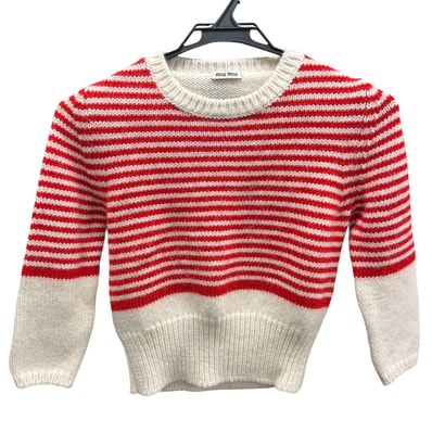 miumiu 美品 ミュウミュウ ボーダー ニット 長袖 セーター MMN491 アクリル ウール モヘア レッド アイボリー ショート丈 トップス ABランク 中古 鑑定済 ミュウミュウニット【1/18価格改定】