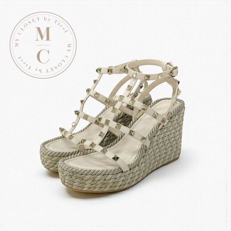 ヴァレンティノ VALENTINO サンダル 靴 シューズ レザー アイボリー ゴールド ロックスタッズ ウェッジソール エスパドリーユ