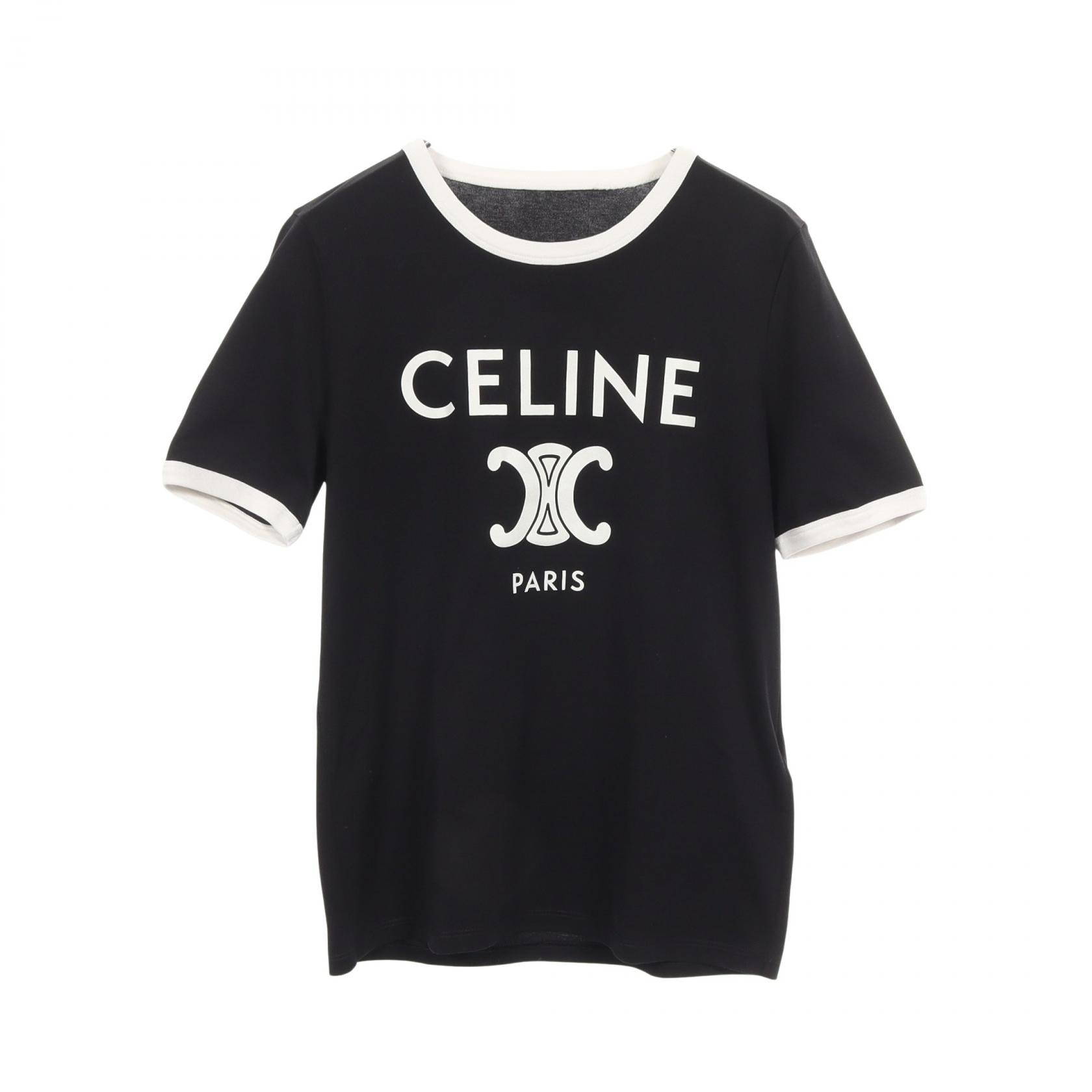 セリーヌ CELINE トリオンフ プリント 半袖Tシャツ 衣料品 トップス コットン レディース ブラック系 / ホワイト系 【中古】