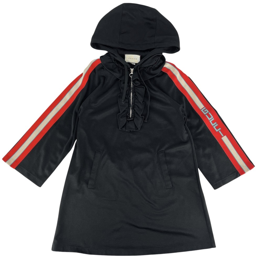 GUCCI グッチ ワンピース フリル フード付き 長袖 服 ロゴ ジャージー アパレル S 502280 ブラック 黒 シルバー金具 ポリエステル  コットン   レディース 春 秋 オールシーズン【中古品】