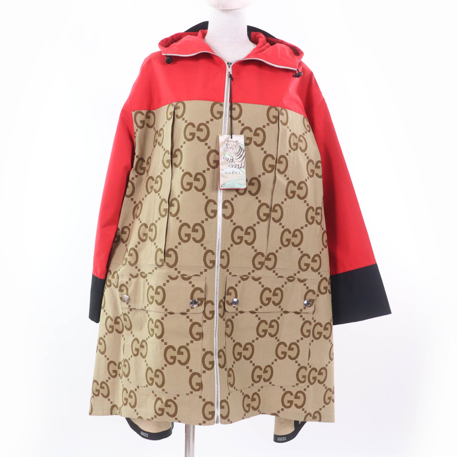 極美品 グッチ コート TIGER レッド ブラウン レディース 40 682981
