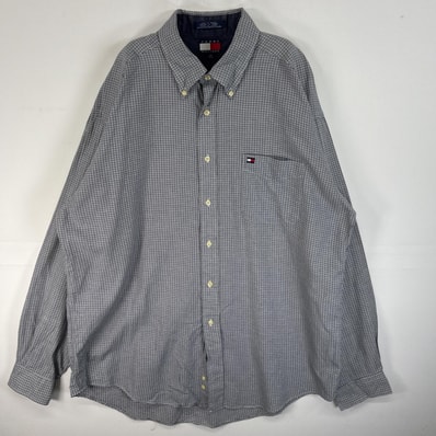 古着 90's/90年代 トミーヒルフィガー TOMMY HILFIGER 長袖シャツ チェック柄 ロゴ 刺繍 ボタンダウン XL パープル系 マルチカラー メンズ