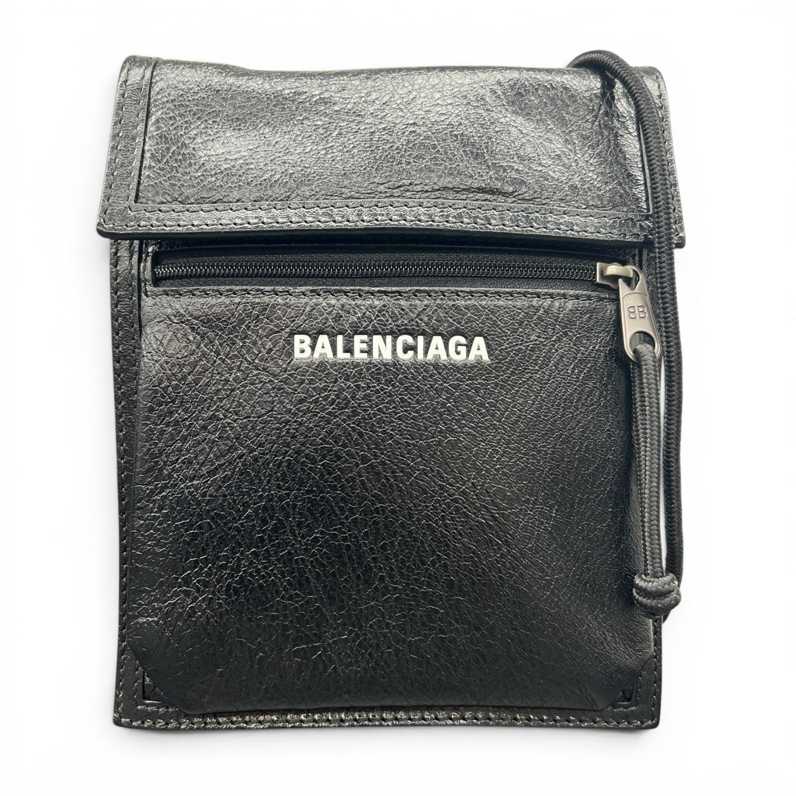 BALENCIAGA 極美品 バレンシアガ エクスプローラー ショルダーバッグ 532298 レザー ブラック ロゴ クロスボディ ポシェット サコッシュ Aランク 中古 鑑定済 バレンシアガバッグ