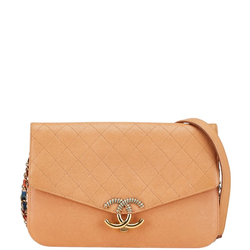 シャネル ハーフココ  斜め掛け チェーン ショルダーバッグ オレンジ ベージュ キャビアスキン レディース CHANEL 中古