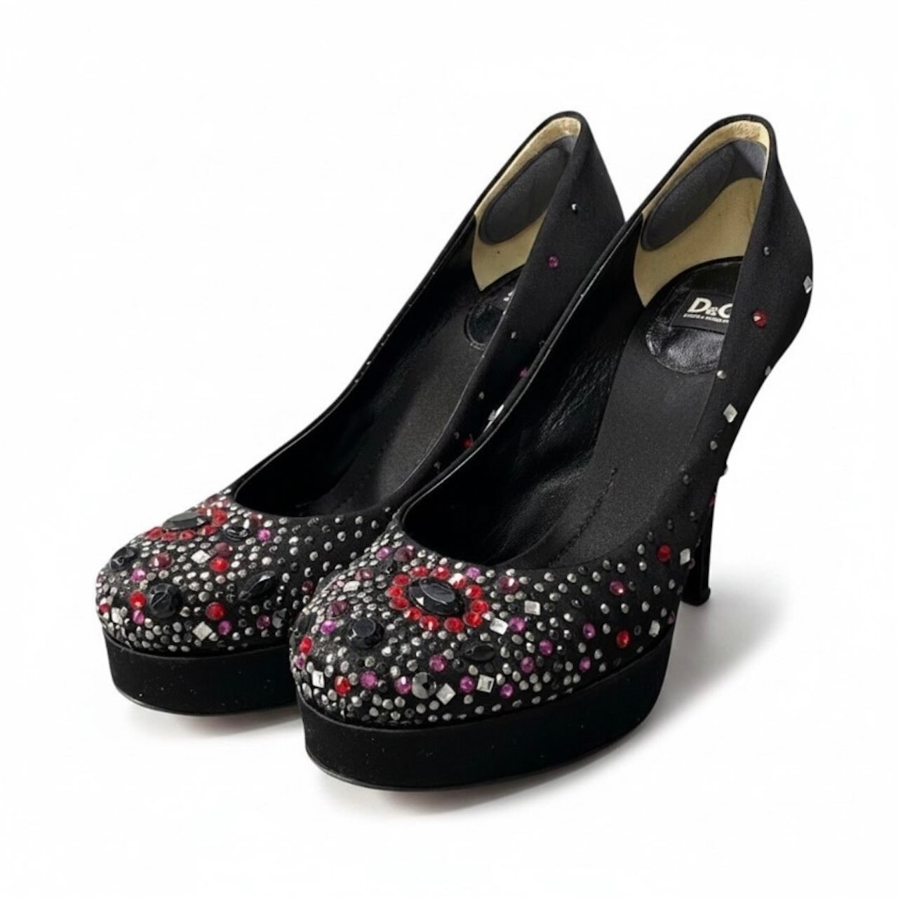 DOLCE&GABBANA ドルチェアンドガッバーナ ラインストーン パンプス ブラック サテン パンプス A3-00183 【中古】