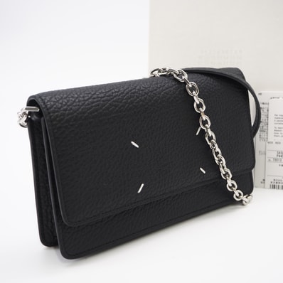 美品 MAISON MARGIELA メゾンマルジェラ 4ステッチ レザー チェーンウォレット SA3UI0008 P4455 2wayショルダーバッグ ブラック ホワイト グレインレザー レディース