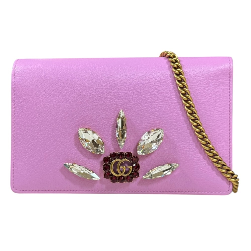グッチ クリスタルビジュー GGマーモント ショルダーバッグ レザー 499782 ピンク レディース GUCCI  中古