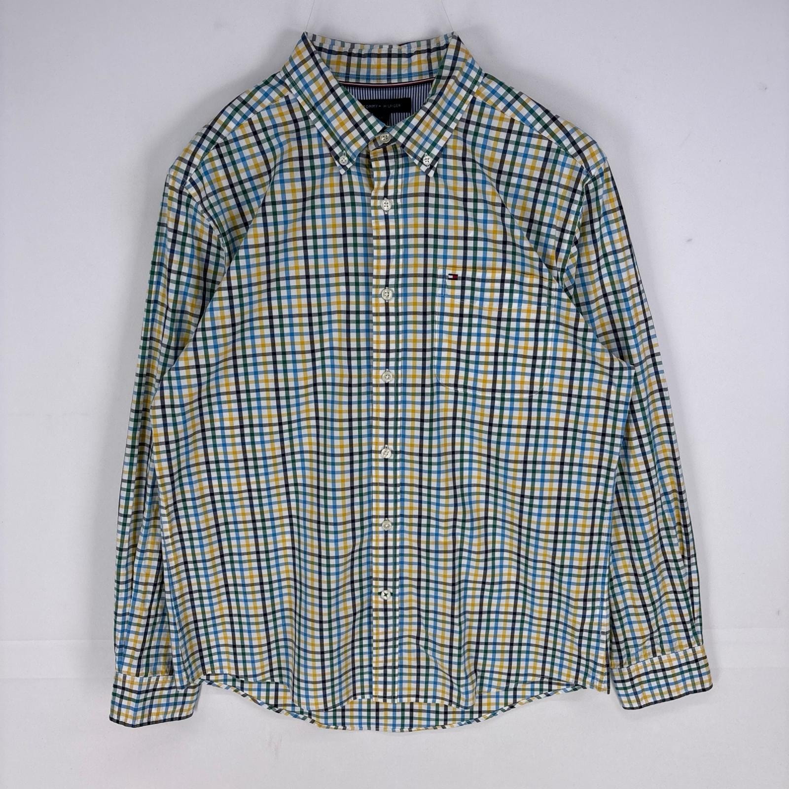 古着 トミーヒルフィガー TOMMY HILFIGER 長袖シャツ ボタンダウン 胸ポケット ロングスリーブ L グリーン系 チェック メンズ
