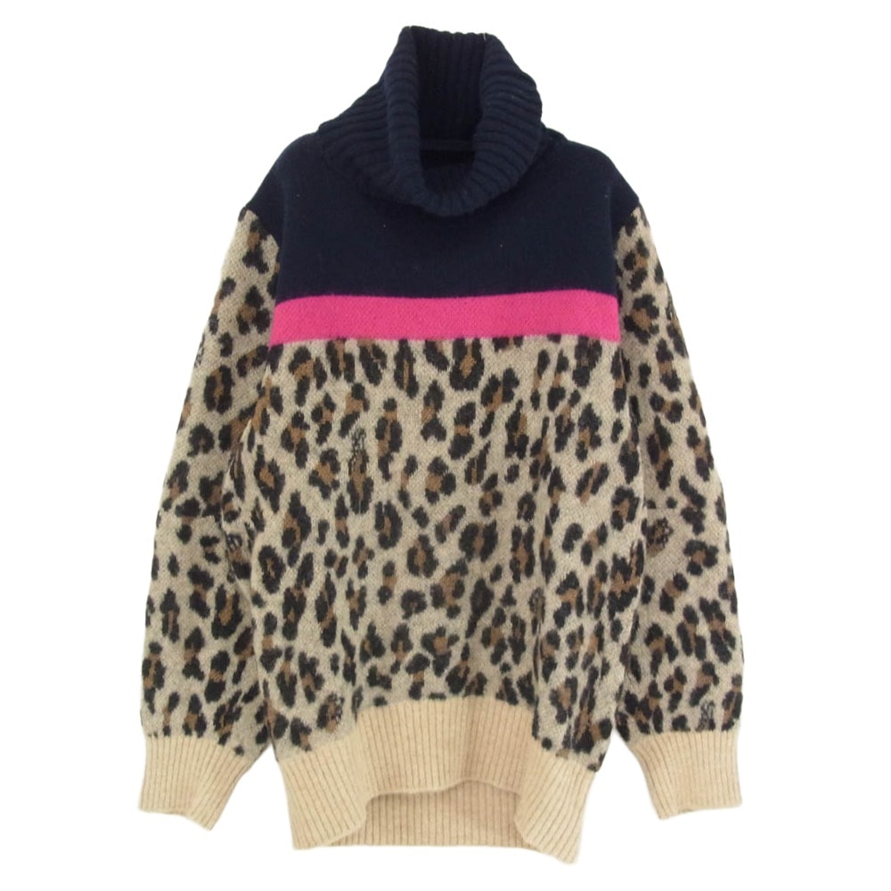 Sacai サカイ ニット 19AW 19-04555 ウール アルパカ モヘア混 レオパード柄 タートルネック ニット セーター ブラウン系 2【中古】