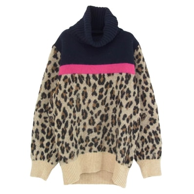 Sacai サカイ ニット 19AW 19-04555 ウール アルパカ モヘア混 レオパード柄 タートルネック ニット セーター ブラウン系 2【中古】