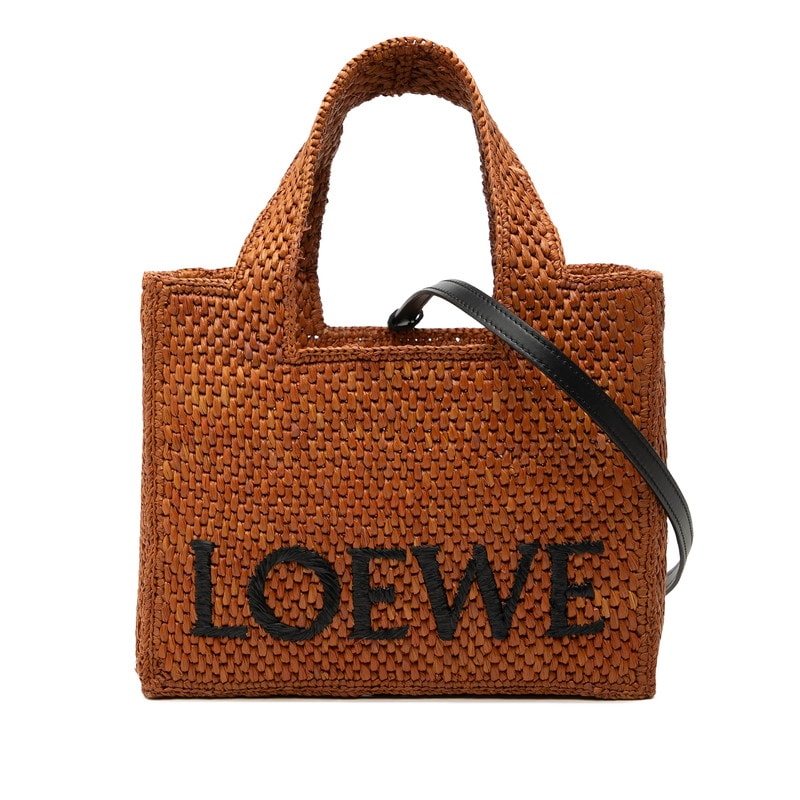 ロエベ フォントトート スモール ハンドバッグ ショルダーバッグ 2WAY かごバッグ ブラウン ラフィア レザー レディース LOEWE 中古