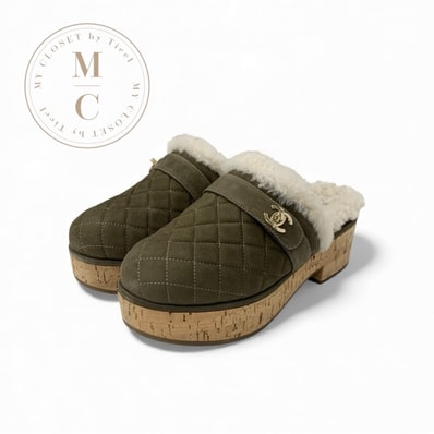 シャネル CHANEL サンダル 靴 シューズ スエード ムートン コルク カーキ ブラウン ゴールド ココマーク マトラッセ サボ ミュール