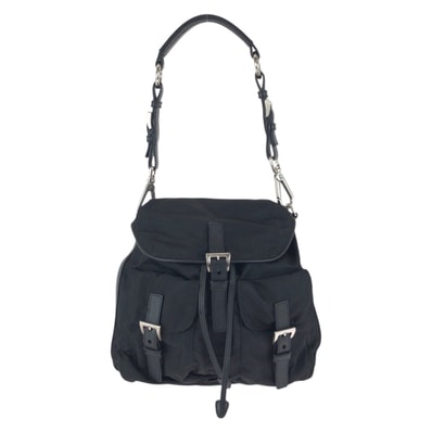美品 PRADA プラダ テスート サフィアーノ 三角ロゴプレート ブラック 黒シルバー金具 ナイロン レザー/ ショルダーバッグ ポシェット 603142 【中古】