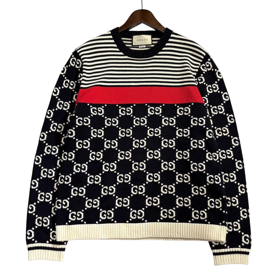 GUCCI グッチ GGジャガード プルオーバー ブラック ホワイト レッド コットン ニット I2-00069 【中古】