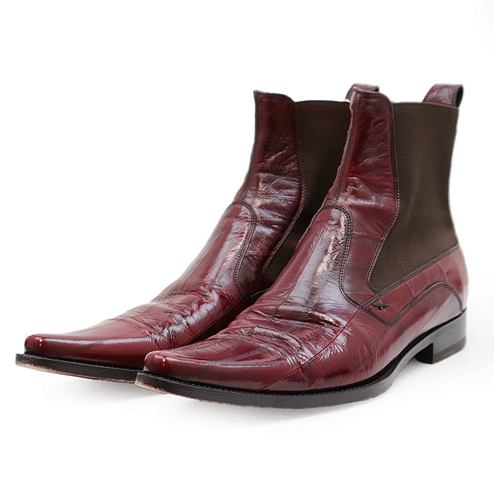SALE【美品】DOLCE&GABBANA ドルチェアンドガッバーナ サイドゴアブーツ イールスキン 鰻 レザー ポインテッドトゥ レザーソール シューズ 靴 箱/袋/タグ付属 メンズ サイズ 7 1/2 ボルドー イタリア製