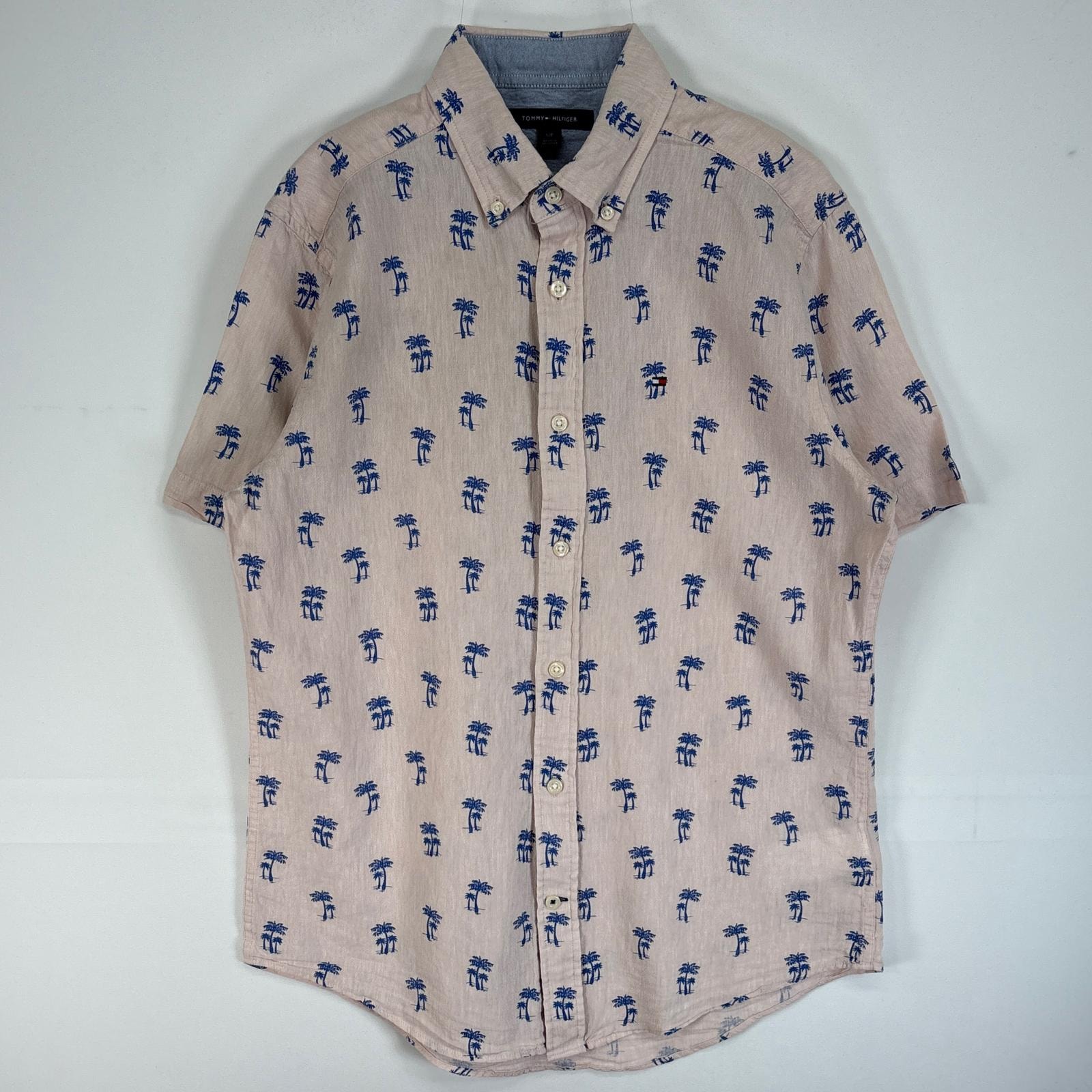 古着 トミーヒルフィガー TOMMY HILFIGER 半袖シャツ ヤシの木 リネン ロゴ 刺繍 S ピンク系 総柄 メンズ
