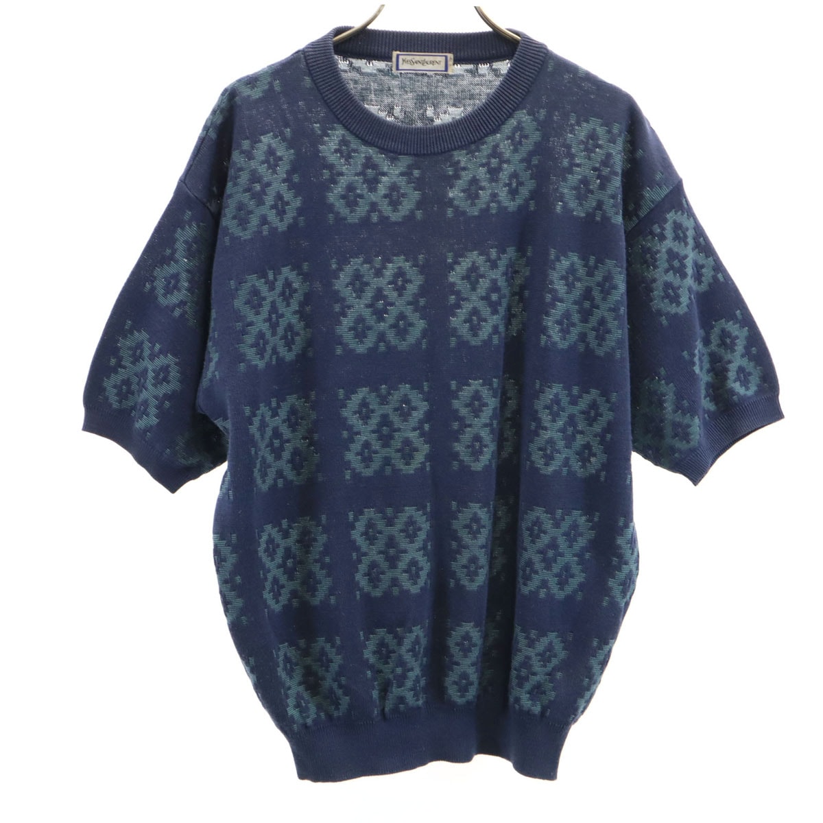 YVES SAINT LAURENT イヴサンローラン 90s リネンブレンド オールド 総柄 半袖 ニット M ネイビー
