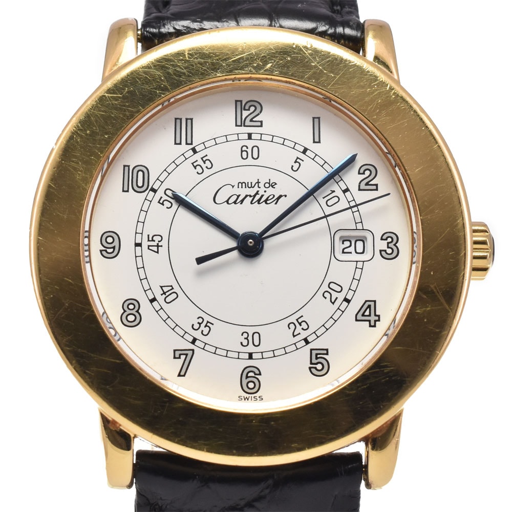 カルティエ CARTIER W100844B マスト ロンド LM デイト ホワイト クォーツ ユニセックス 良品 内箱・保証書付き 腕時計 I#148081