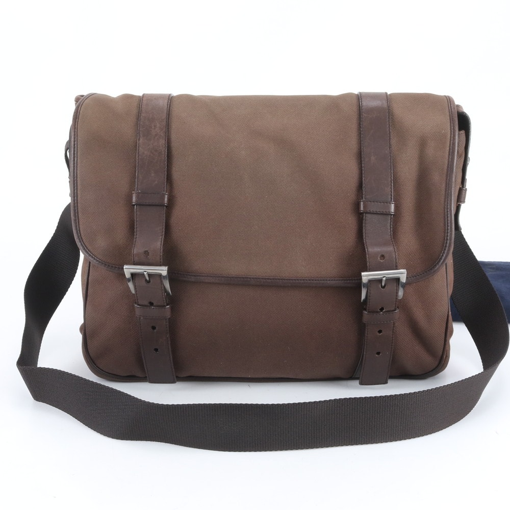 プラダ トライアングルロゴショルダーバッグ レザー×キャンバス