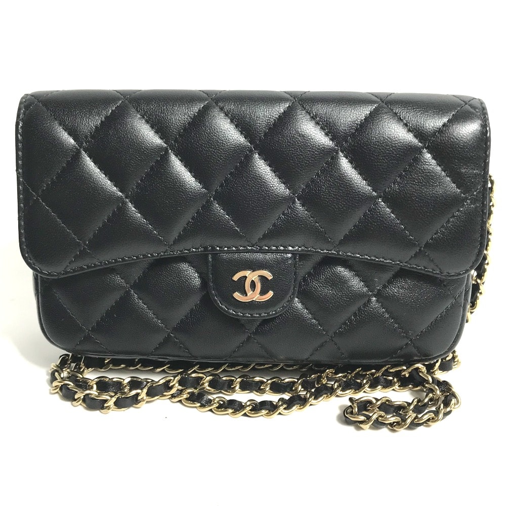 シャネル CHANEL マトラッセ チェーンウォレット AP2096 ココマーク フォンケースウォレット CC 斜め掛け カバン 長財布 ショルダーバッグ ラムスキン ブラック 新品同様
