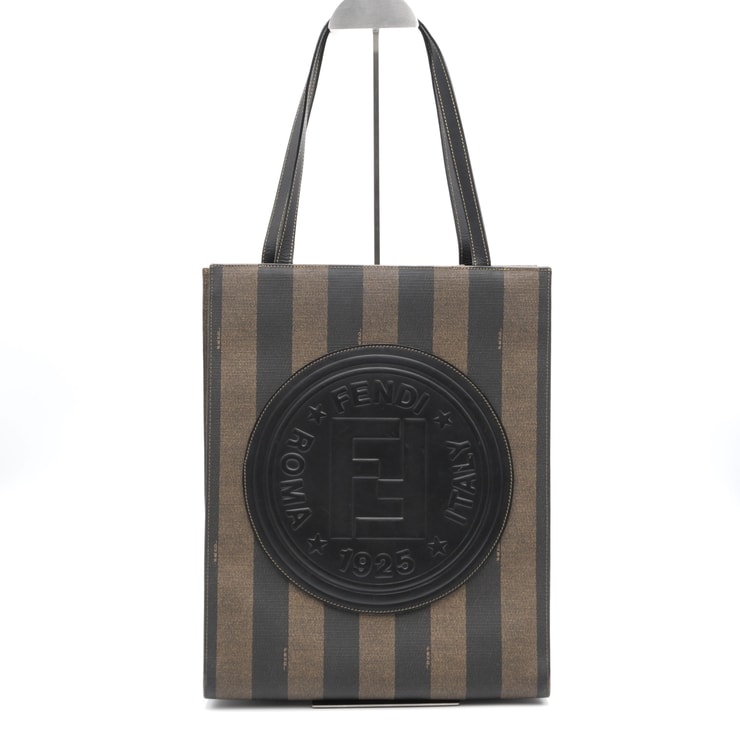 FENDI(フェンディ)ペカン ヴィンテージ トートバッグ サークルロゴ ストライプ ブラウン ブラック PVC レザー レディース【中古】