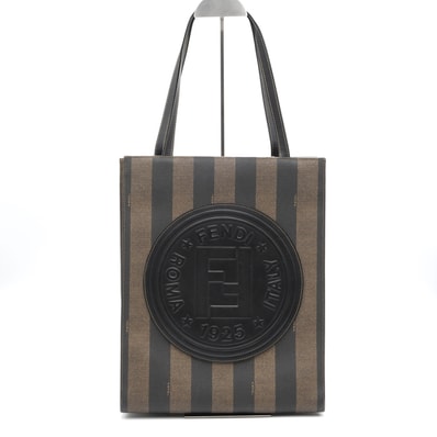 FENDI(フェンディ)ペカン ヴィンテージ トートバッグ サークルロゴ ストライプ ブラウン ブラック PVC レザー レディース【中古】