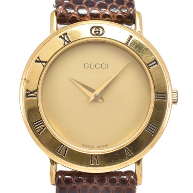 グッチ GUCCI 3000.2.L GP/レザー ゴールド クォーツ レディース 良品 腕時計 E#146800
