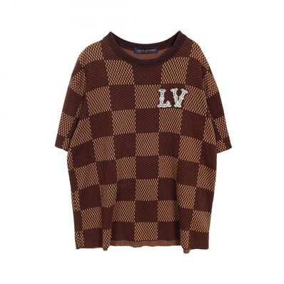 ルイ・ヴィトン LOUIS VUITTON ショートスリーブコットンダミエクルーネックウィズストラスLVパッチ カットソー 衣料品 トップス コットン メンズ ブラウン系 【中古】