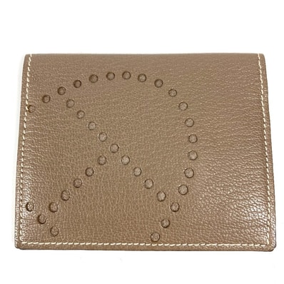エルメス HERMES エブリン ロゴ パンチングロゴ 2つ折り 名刺入れ パスケース カードケース レザー 不鮮明刻 エトゥープ ベージュ