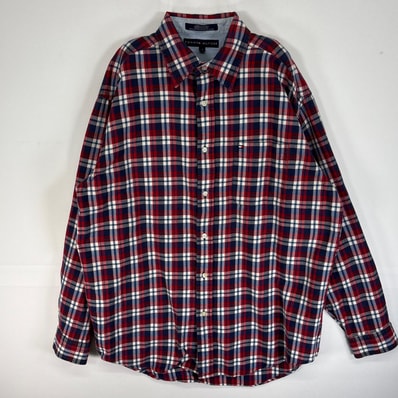 古着 トミーヒルフィガー TOMMY HILFIGER 長袖シャツ 肉厚 チェック ロゴ 刺繍 M レッド系 マルチカラー メンズ