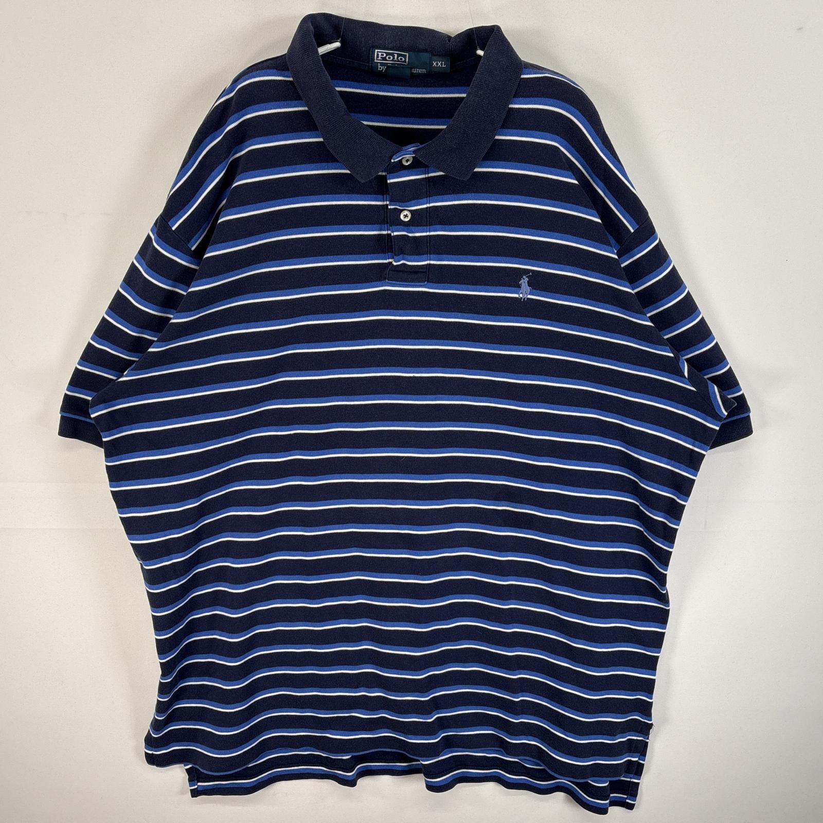 古着 90's/90年代 ポロバイラルフローレン Polo by Ralph Lauren 半袖 ポロシャツ ワンポイント ロゴ 刺繍 大きいサイズ ボーダー 14041  ネイビー系 マルチカラー メンズ