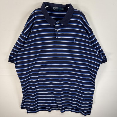 古着 90's/90年代 ポロバイラルフローレン Polo by Ralph Lauren 半袖 ポロシャツ ワンポイント ロゴ 刺繍 大きいサイズ ボーダー 14041 ネイビー系 マルチカラー メンズ