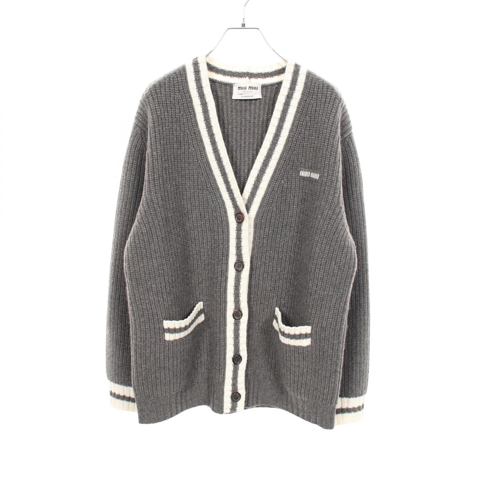 ミュウ ミュウ Miu Miu ロゴ リブニット カーディガン 衣料品 トップス カシミヤ ウール レディース グレー系 / ホワイト系 MMF929 【中古】