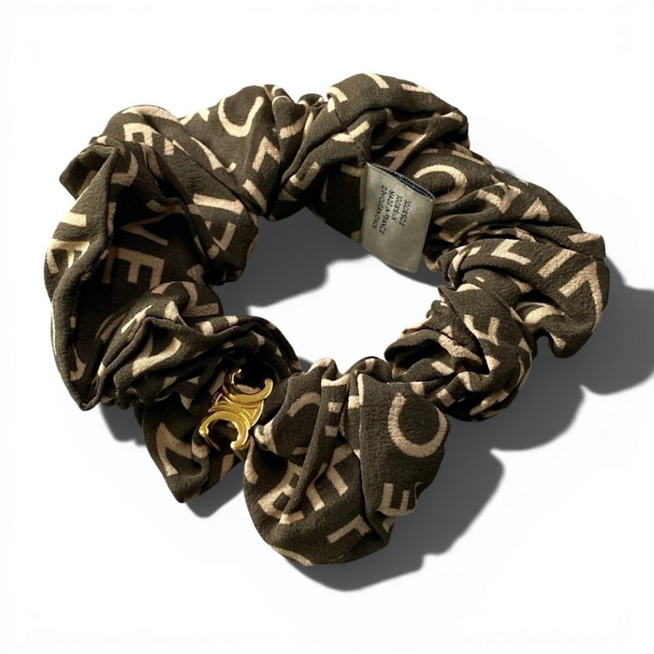 CELINE セリーヌ ロゴ シュシュ ヘアアクセサリー トリオンフ グリーン ゴールド金具 シルク ヘアアクセサリー A3-00056 【中古】