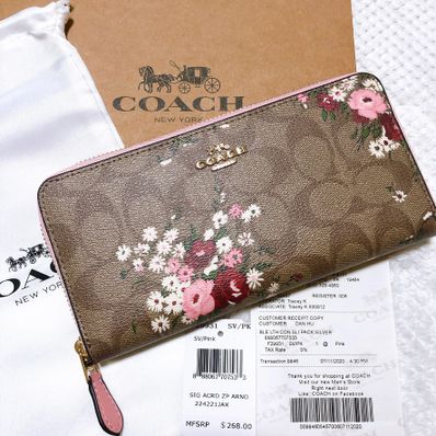 COACH Floral Print Zip Around Wallet "Beige/Pink"