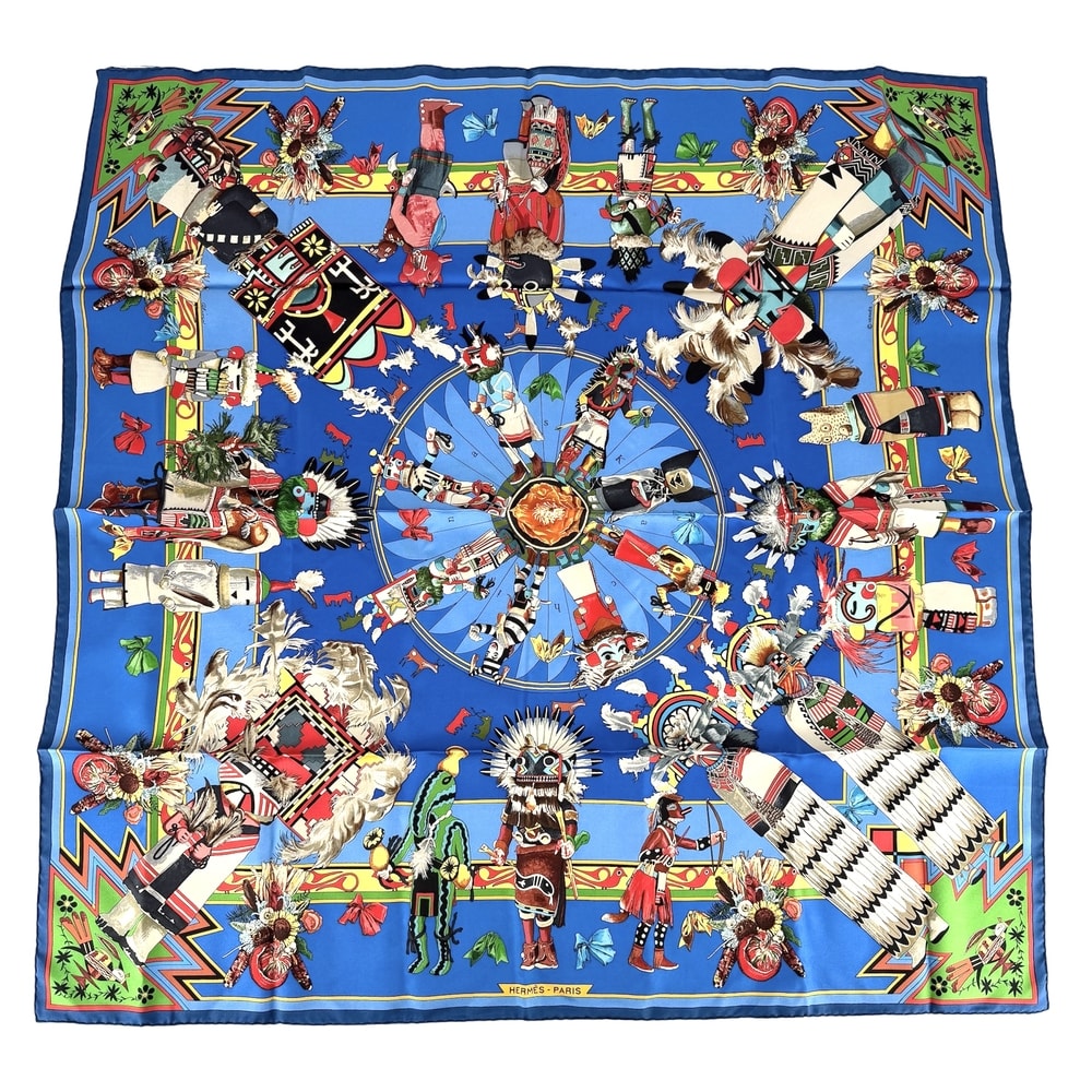 HERMES エルメス スカーフ カレ90 Kachinas カチナ 民族 ファッションアイテム シルク    ブルー 青 マルチカラー レディース【中古品】