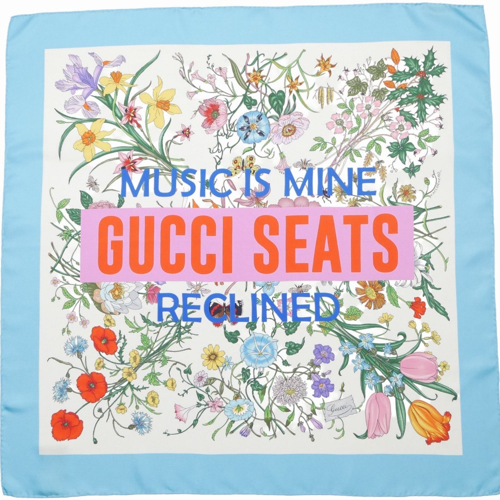 ■美品■GUCCI グッチ 創設100周年記念 フローラ スカーフ サイズ90 × 90 cm MUSIC IS MINE GUCCI SEATS RECLINED 大判 シルクツイル イタリア製 ブランド古着【中古】20260324/RA8717