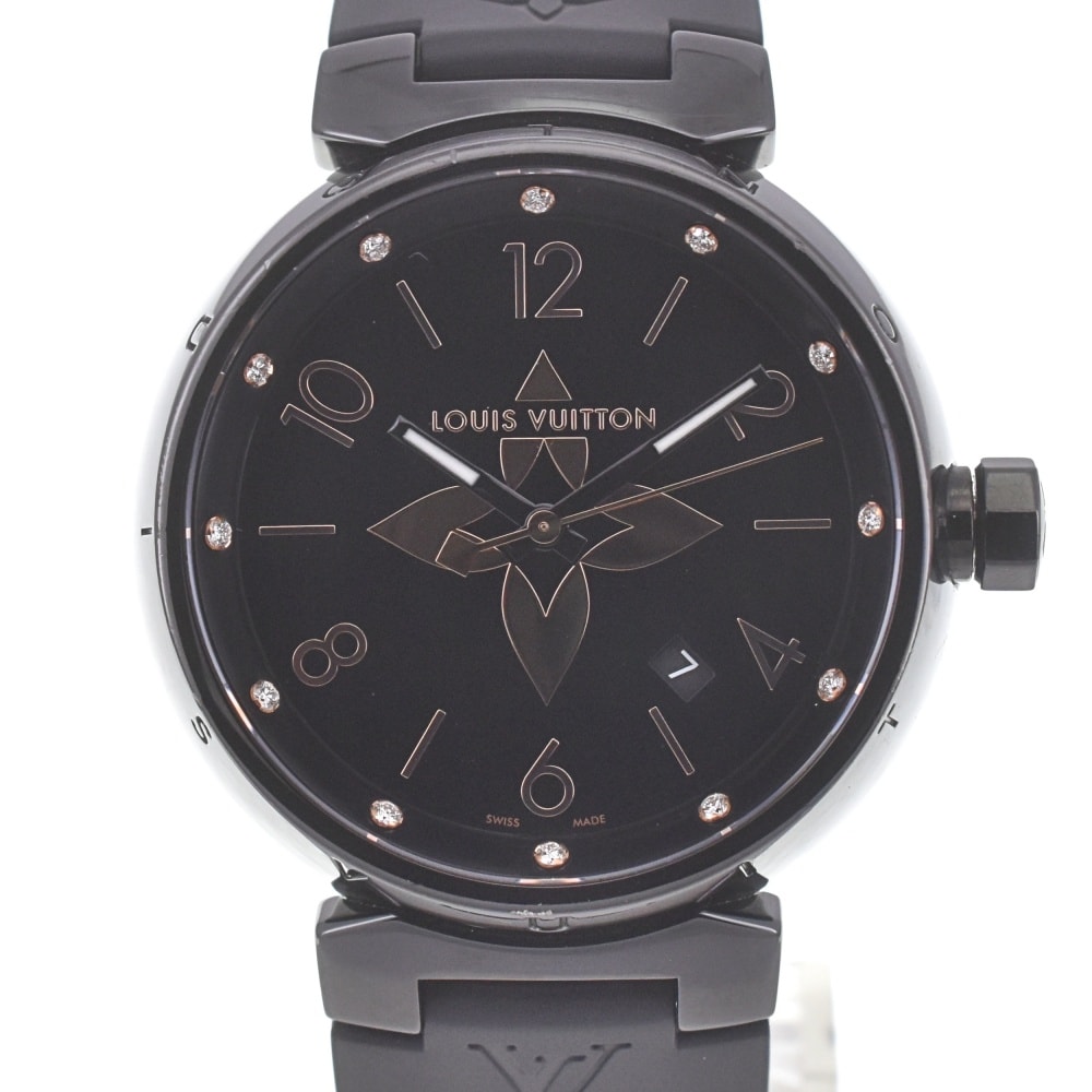 値下 ルイ・ヴィトン LOUIS VUITTON QA049 タンブール オールブラック GM 12P ダイヤ メンズ 美品 箱・保証書付き C#141809