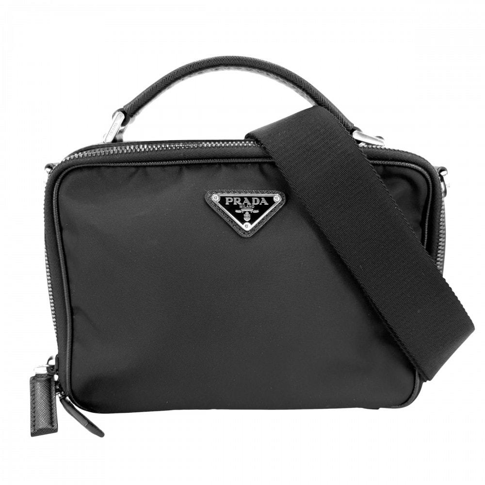 PRADA プラダ 2WAY ブリック  トライアングルロゴ ショルダーバッグ ハンドバッグ 肩掛け 斜め掛け メンズ レディース 男女兼用 2VH069 ナイロン  サフィアーノレザー   ブラック 黒 シルバー金具 ユニセックス【中古品】