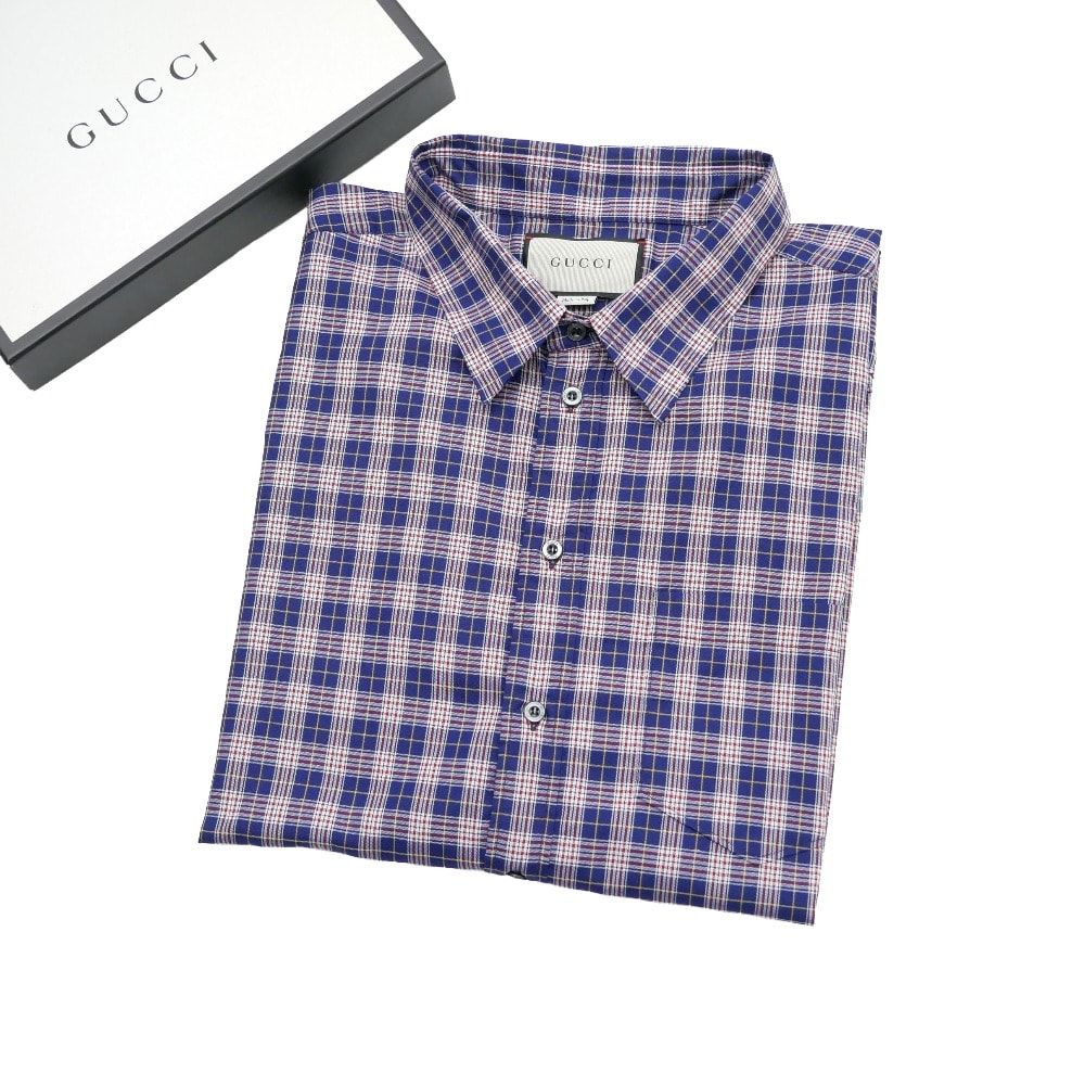 ■美品■GUCCI グッチ 半袖シャツ サイズ48 ミケーレ期 チェック柄 オーバーサイズ イタリア製 ブランド古着【中古】20260610/RA9736