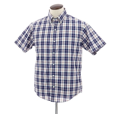 【中古】ザノースフェイス THE NORTH FACE ポリエステルコットン チェック ボタンダウン 半袖シャツ ネイビーxホワイト【サイズL】【メンズ】
