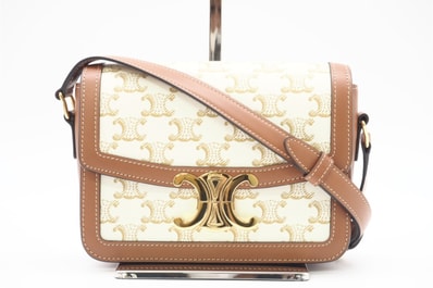 美品 CELINE セリーヌ カーフレザー ティーン トリオンフ ショルダーバッグ 188882BZ4.01BC ショルダーバッグ ホワイト ブラウン キャンバス レディース