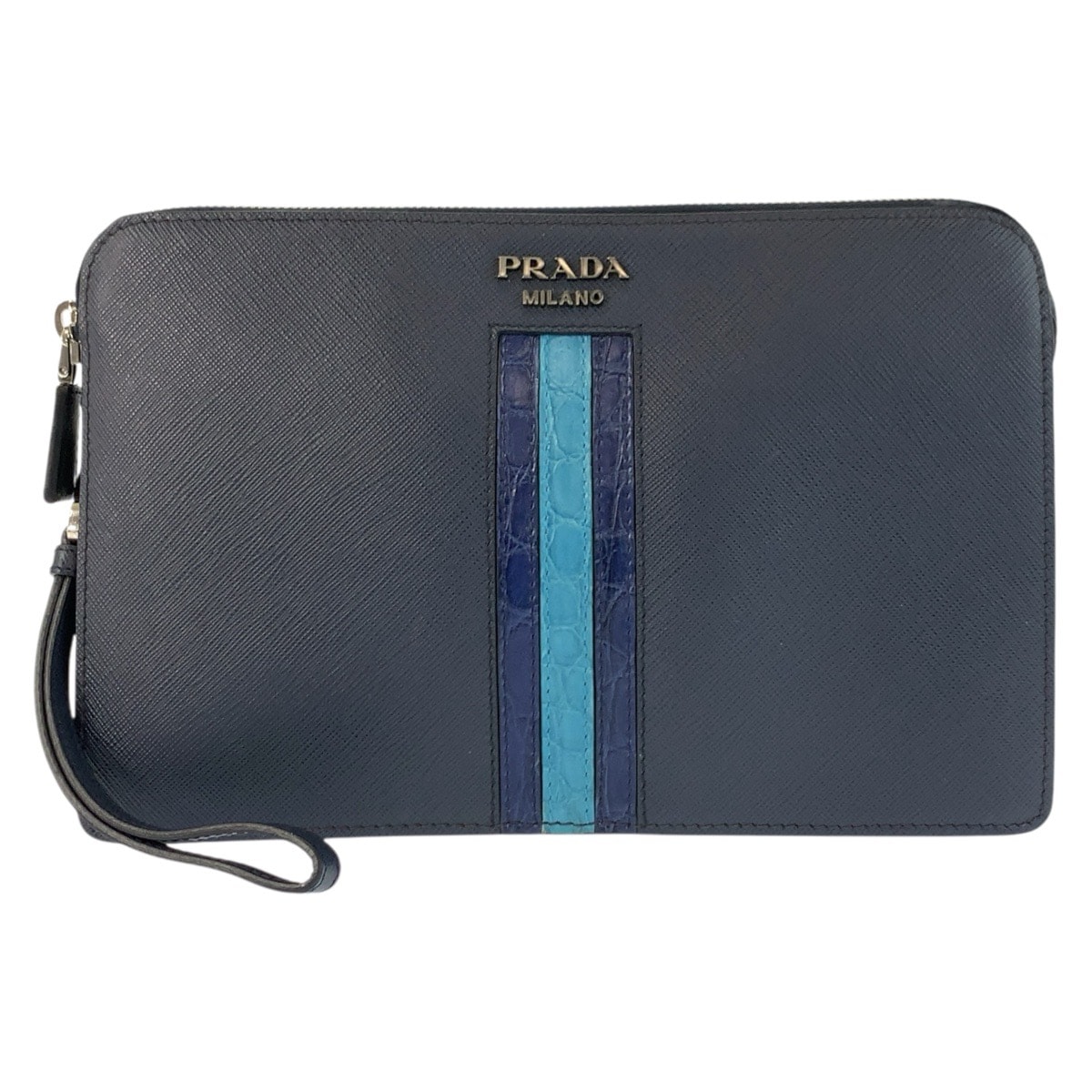 美品 PRADA プラダ サフィアーノ ネイビー シルバー金具 レザー クロコダイル/ クラッチバッグ セカンドバッグ 602890 【中古】